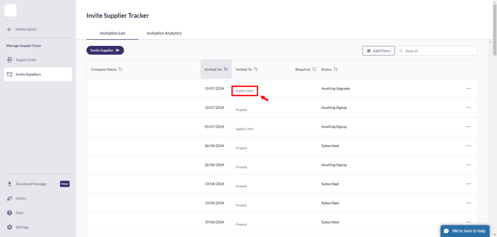 Invite Supplier Tracker