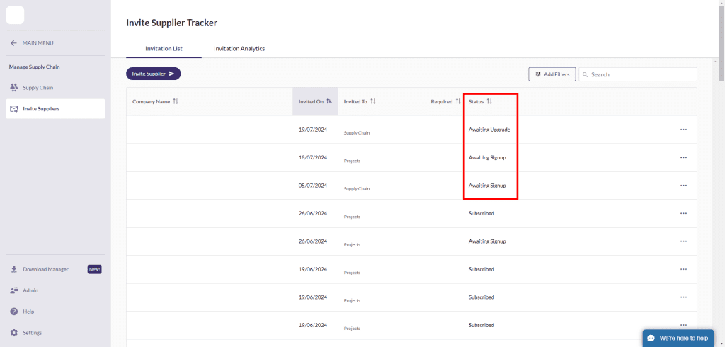 Invite Supplier Tracker